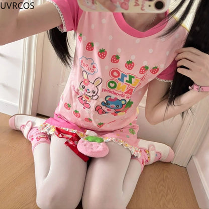 Y2k Aesthetics Cartoon Print Women T-shirt Japanese Kawaii E-girl Contrast Color Cute Strawberry Tees Fairy Grunge Tshirts Tops - SS69