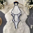 Women Hotsweet Sexy Drawstring Lace Up Design Halter Playsuits Fashion Transparent Bodysuits Slim Hollow Out Summer Rompers  New