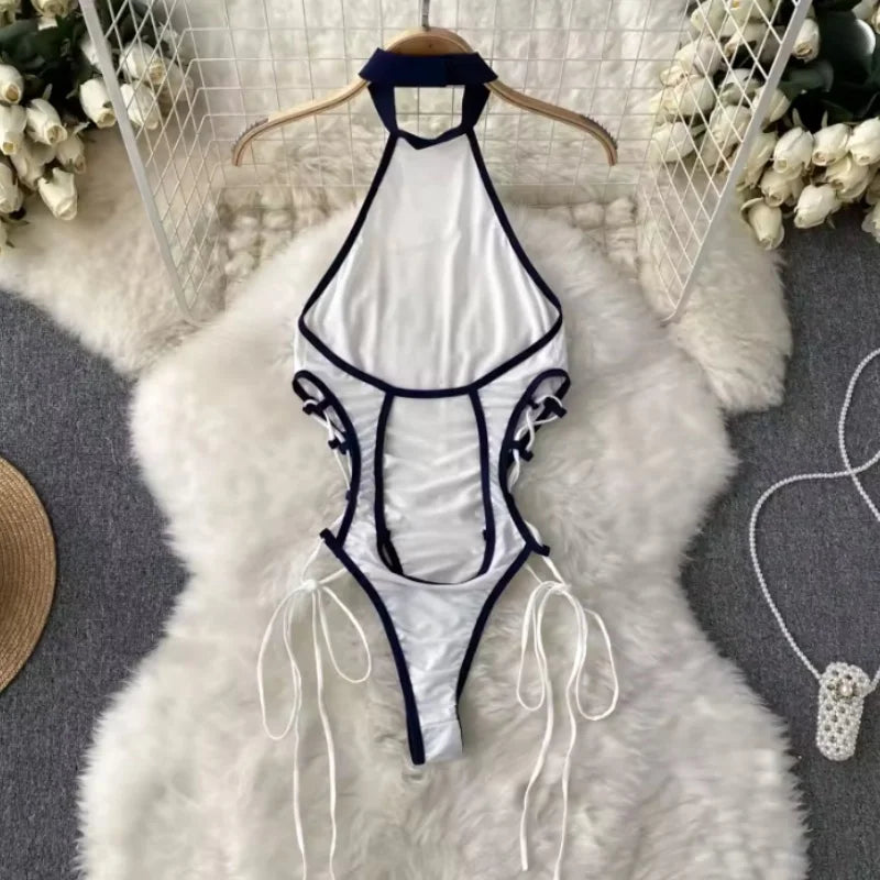 Women Hotsweet Sexy Drawstring Lace Up Design Halter Playsuits Fashion Transparent Bodysuits Slim Hollow Out Summer Rompers  New