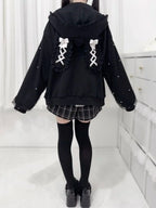 CHUJIECN Kawaii Bunny Ear Lace Zipper Hoodie
