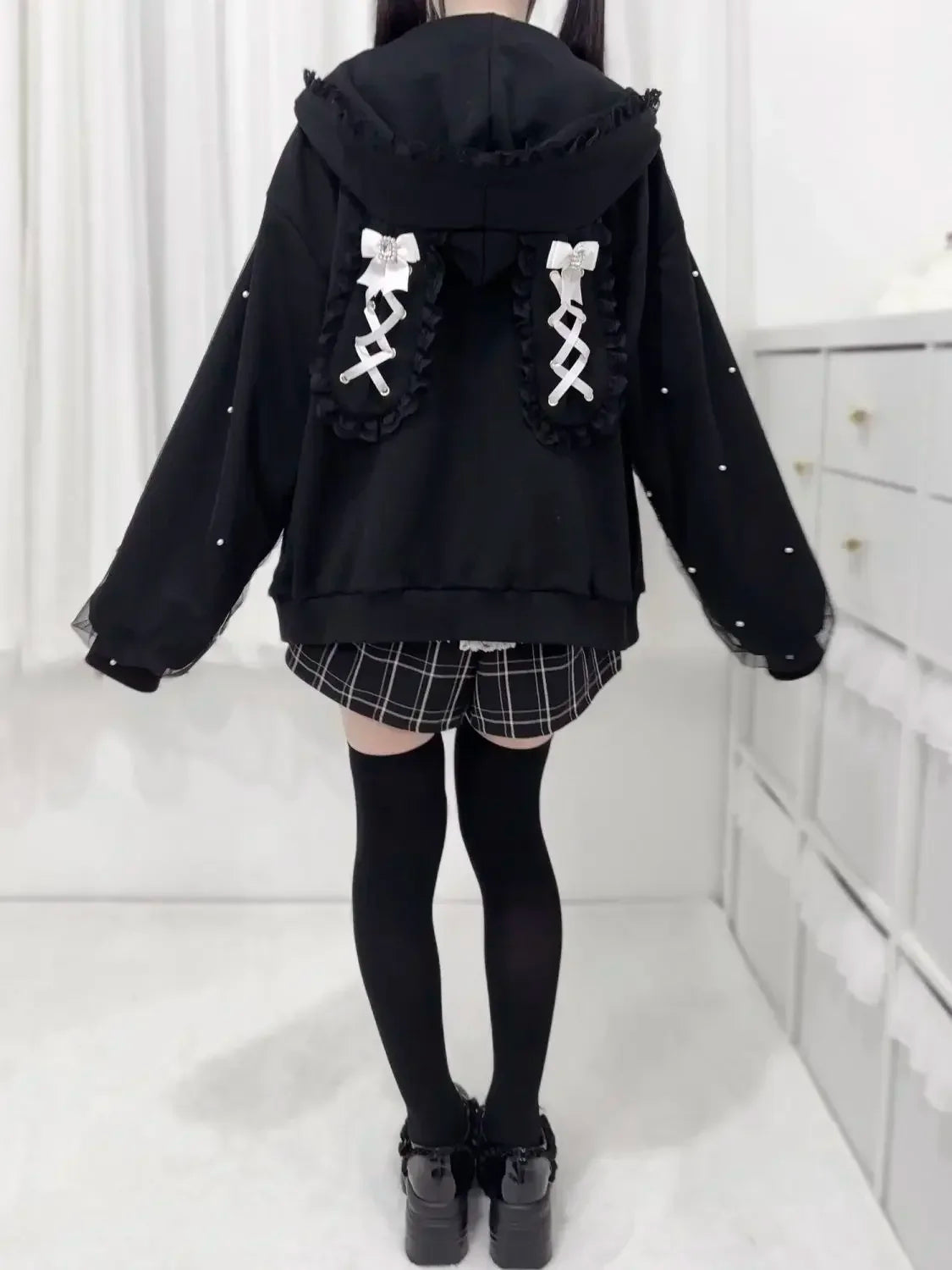 CHUJIECN Japanese Kawaii Bunny Ear Hoodie Women Lace Zipper Jacket