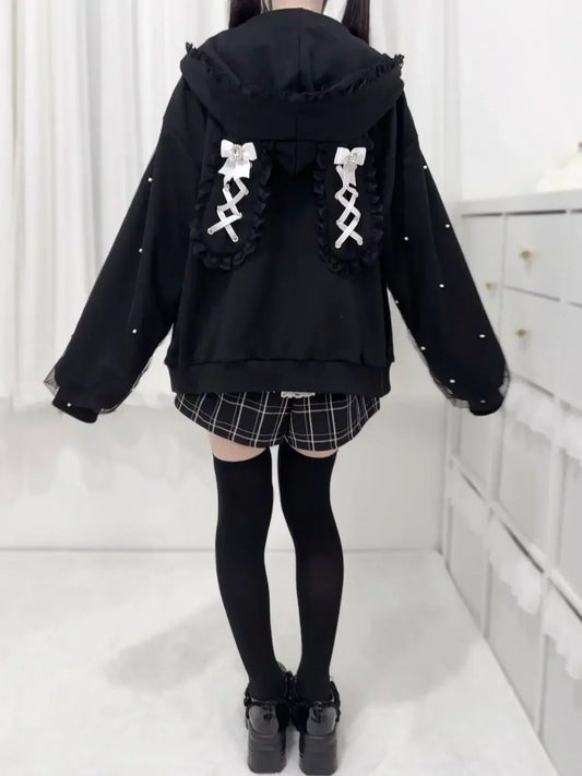 CHUJIECN Japanese Kawaii Bunny Ear Hoodie Women Lace Zipper Jacket