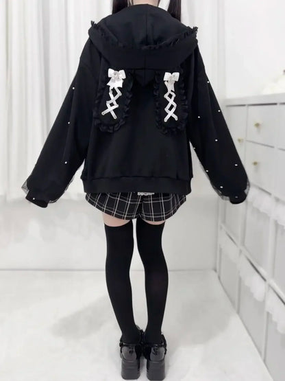 CHUJIECN Women's Japanese Kawaii Bunny Ear Hoodie with Lace and Zipper