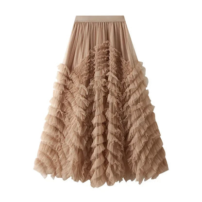 Fashionable Tiered Tulle Maxi Skirt for Women 2024 New Elegant High Street A Line High Waist Mesh Long Skirt Female Pink