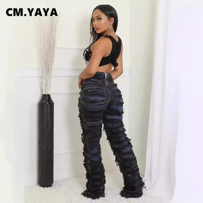 CM.YAYA Street Denim Pants Women Ripped Out Striped High Waist Zipper Jeans 2024 Fall Trousers Streetwear Straight Party Pants SS69