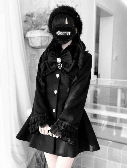 Japanese Mass-Produced Long Wool Collar Coat 20% Wool Waist-Cinching Sweet Girl Long Sleeve Slim Fit Elegant Lolita Woolen Coat