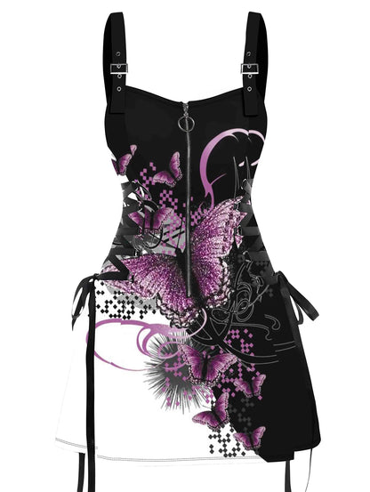 Dressfo 2025 Women's Dresses Allover Rose Print Half Zipper Lace Up Valentine's Day Mini Dress Summer Sleeveless Dress