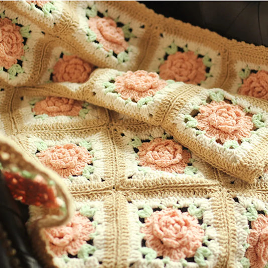 Pure Handmade Crocheted Rose Vintage Rustic Sofa Blanket Leisure Blanket Outdoor Picnic Mat Home Decor Throw Blanket Stitch