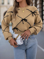 2026 Fashion Contrasting Bow Knitted Sweaters Autumn Winter Casual Round Neck Lantern Long Sleeve Tops for Woman Valentine's Day