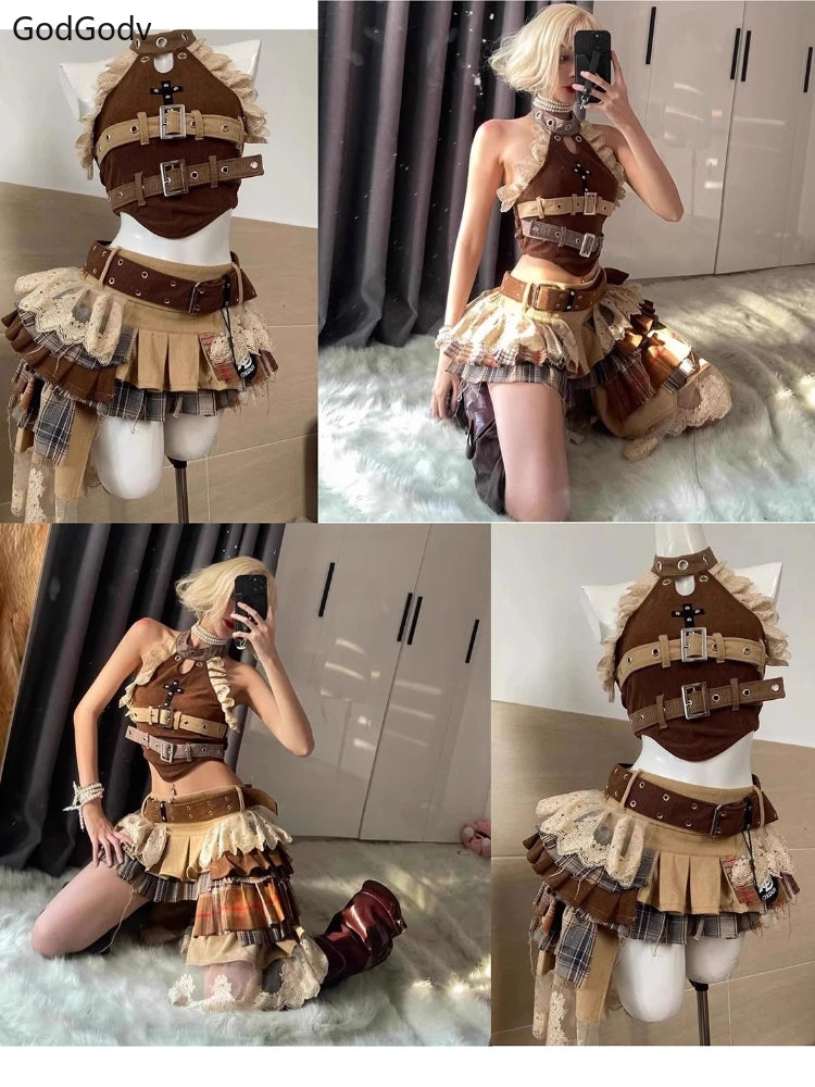 Summer Vintage Elegant Y2K Woman 2 Piece Sets Punk Gothic Strapless Crop Tops +High Waist Ruffle Skirt Female Party Outfits 2025 SS69
