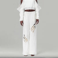 Solid Patchwork Diamonds Designer Wide Leg Pants For Women High Waist Patchwork Pockets Hollow Out Chic Pant Female SS69