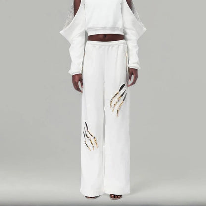 Solid Patchwork Diamonds Designer Wide Leg Pants For Women High Waist Patchwork Pockets Hollow Out Chic Pant Female SS69