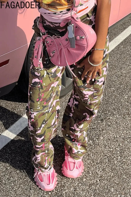 FAGADOER Pink Camouflage Print Pants Women Y2K Streetwear Button Pocket patchwork Straight Pants Hot girl Bottoms 2025 SS69