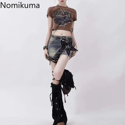 SS69 Harajuku Denim Black Leg Warmers with Cross Patchwork Knee-High Gaiters