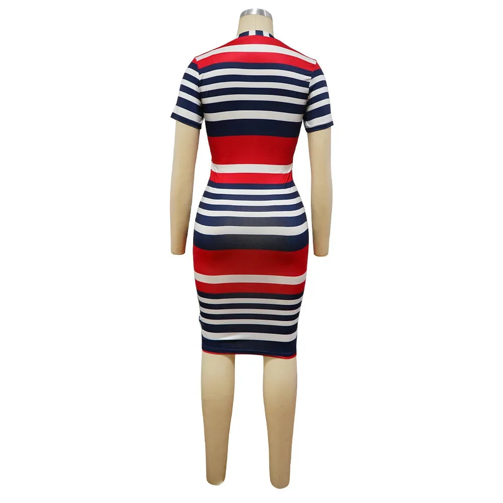 Summer New Women O-Neck Short Sleeve Leaf Striped Print Bodycon Knee Length Dress Sexy Partynight Club Dress SS69