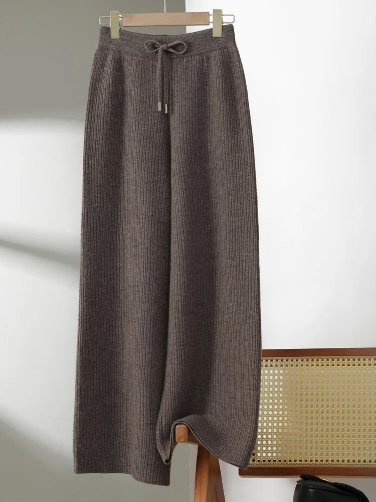 Yoyoselect New Popular Women Wide-Leg Wool Pants 100% Merino Wool Quality Soft Trousers Basic Casual Knitted Elastic Waist Slack SS69 85.69 Dark Camel / XXL