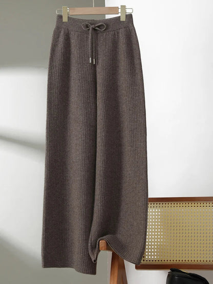 Yoyoselect New Popular Women Wide-Leg Wool Pants 100% Merino Wool Quality Soft Trousers Basic Casual Knitted Elastic Waist Slack SS69 85.69 Dark Camel / XXL