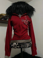 Women Y2K Gothic Zip Up Hoodie Red Faux Fur Collar Embroidery Rhinestone Hooded Jacket Grunge Streetwear Casual Sweatshirt