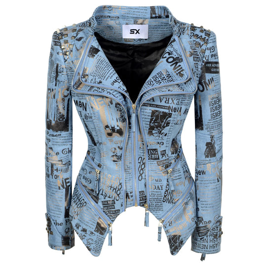 SX women 2019 spring autumn denim rivet punk Short Slim fit jacket motorcycle Windbreaker zipper outerwear SS69 87.69 Blue suede / XS / CHINA