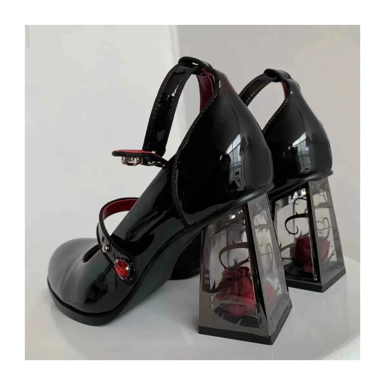 New 2024 Punk Gothic High Heels Pumps Women Rose Heeled Patent Leather Lolita Shoes Woman Y2K Ankle Straps Black Mary Jane Shoes