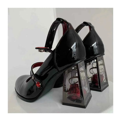 New 2024 Punk Gothic High Heels Pumps Women Rose Heeled Patent Leather Lolita Shoes Woman Y2K Ankle Straps Black Mary Jane Shoes