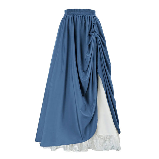 Women Double Victorian Renaissance Lace Half Skirt 2024 Women's Solid Color Draped Pleated Vintage Renaissance Skirt SS69