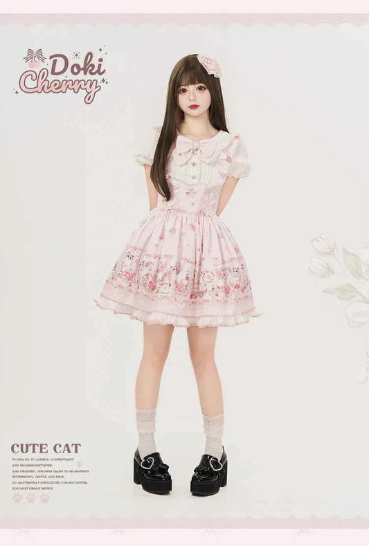 Original New Spring Summer Cute Print Short-sleeved Lolita OP Dress Japanese Sweet Girl Mass-produced Kawaii Bow Short Dresses