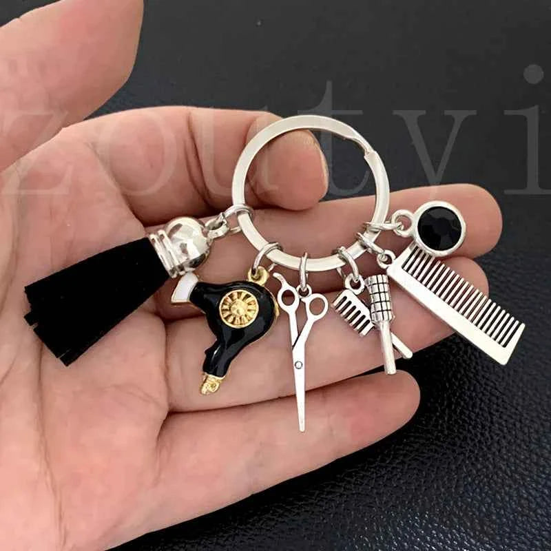 New fashion hairstyle gift charm tassel keychain retro jewelry mini hairdressing scissors hair dryer comb keychain DIY manual