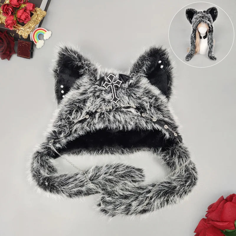 Dark Series Gothic Plush Hat Y2K Cross Metal Style Headwear Cosplay Cat Ear Hat Halloween Punk Rock Warm Cap for Women Men Child