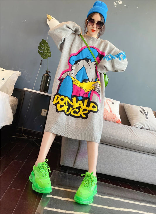 Korean Long-Sleeved Pullover Sweater Loose Fashion Women Autumn Winter Cartoon Embroidered Thickened Long Section Knitted Top SS69