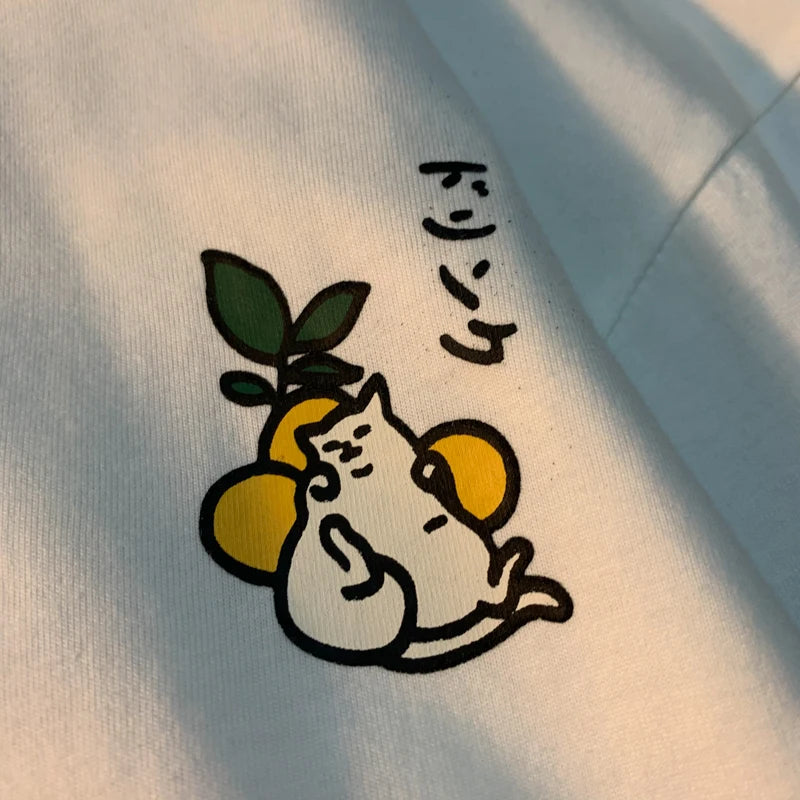 Cute Japanese Cat Print Oversized T-shirt Women Men Short Sleeve Loose Casual Tee Shirt Streetwear Tops Cotton Harajuku Clothing SS69