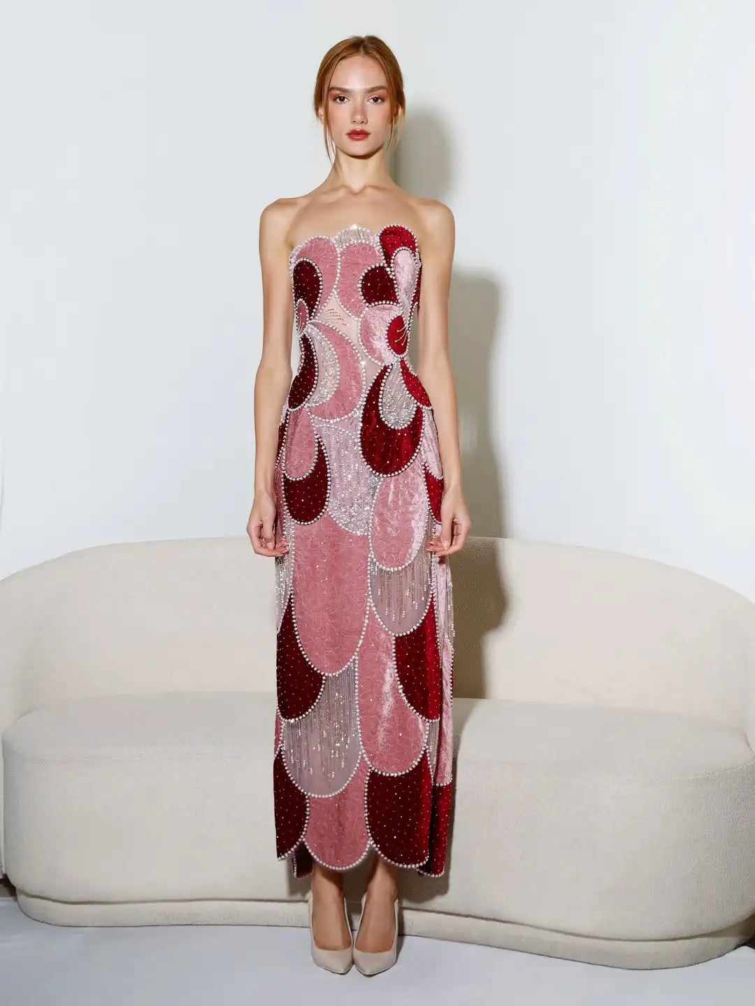 UOSUCN Sweetheart Beaded Sequin Mesh Evening Dress