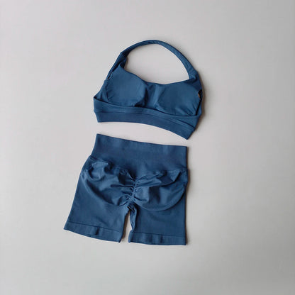 2 Pieces Yoga Suit for Women Seamless Fitness Gym Clothes Halter Sports Bra Matching Impact Shorts Workout Sets Gym Outfit SS69 18.69 Grey blue / M / CN
