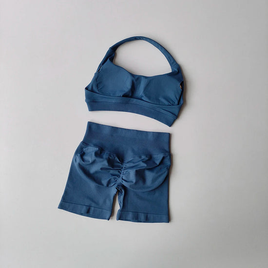 2 Pieces Yoga Suit for Women Seamless Fitness Gym Clothes Halter Sports Bra Matching Impact Shorts Workout Sets Gym Outfit SS69 18.69 Grey blue / M / CN