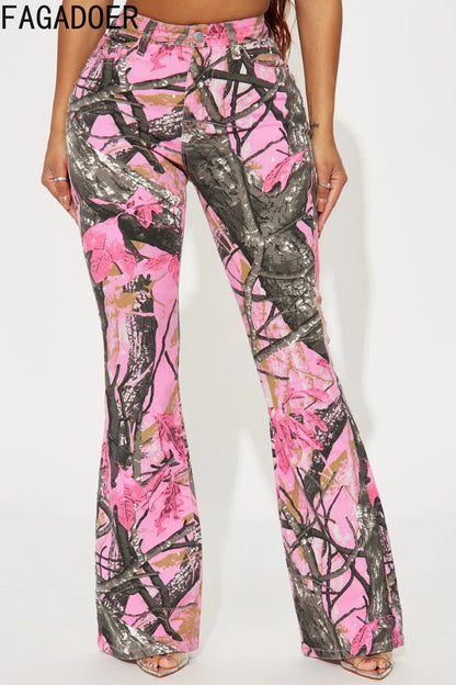 FAGADOER Y2k Fashion Pink Camouflage Print Pants Women Button High Waist Flare Pants Female INS New Autumn Streetwear Bottoms SS69