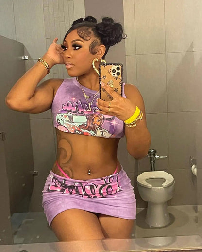 Sexy Y2K 2 Piece Skirt Sets Clothes Outfit 2023 Streetwear Fashion Dress Summer Crop Graphic T Shirts Top Women Two Piece Set SS69