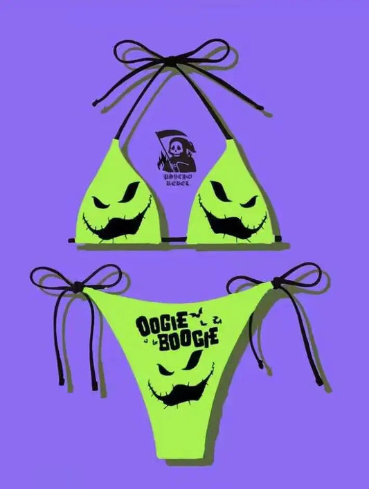 New Punk Gothic Letters Print Bikinis Set Sexy Bikini Women Skull Pattern V-neck Swimwear Fashion Swimsuit Bathing Suit SS69