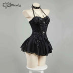MEOWCOS Women's Misa Gothic Black Corset and Layered Skirt Set with Gloves