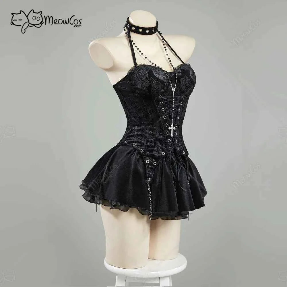 MEOWCOS Women's Misa Gothic Black Corset and Layered Skirt Set with Gloves