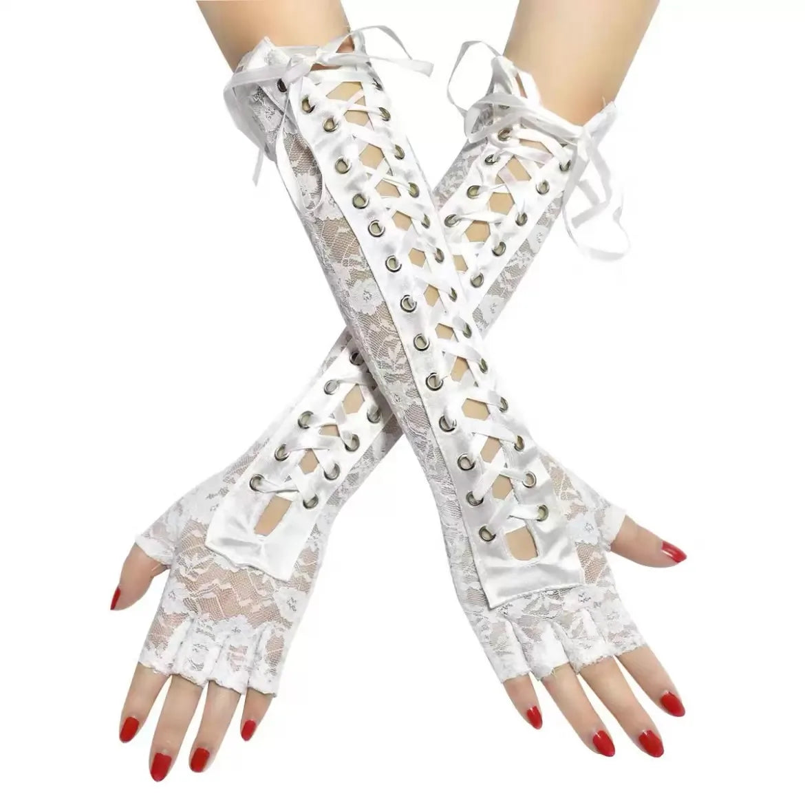 Japanese lolita lace long arm sleeve sweet cool girls lace-up mesh bandage white black arm warmers gloves SS69 26.69 white / One Size