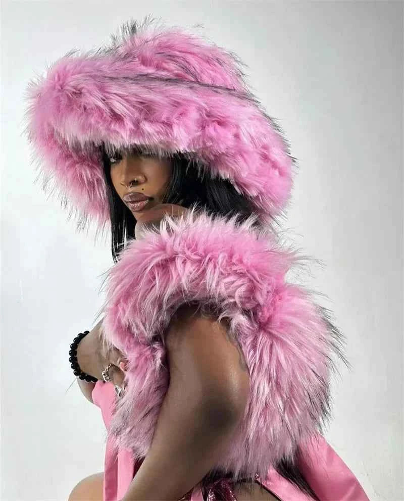 Luxury Fluffy Women Faux Fur Bucket Hats Oversized 17cm Wide Brim Thicken Outdoor Warm Plush Punk Hat Girl Y2k Female Ski Panama