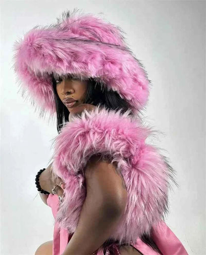 Luxury Fluffy Women Faux Fur Bucket Hats Oversized 17cm Wide Brim Thicken Outdoor Warm Plush Punk Hat Girl Y2k Female Ski Panama