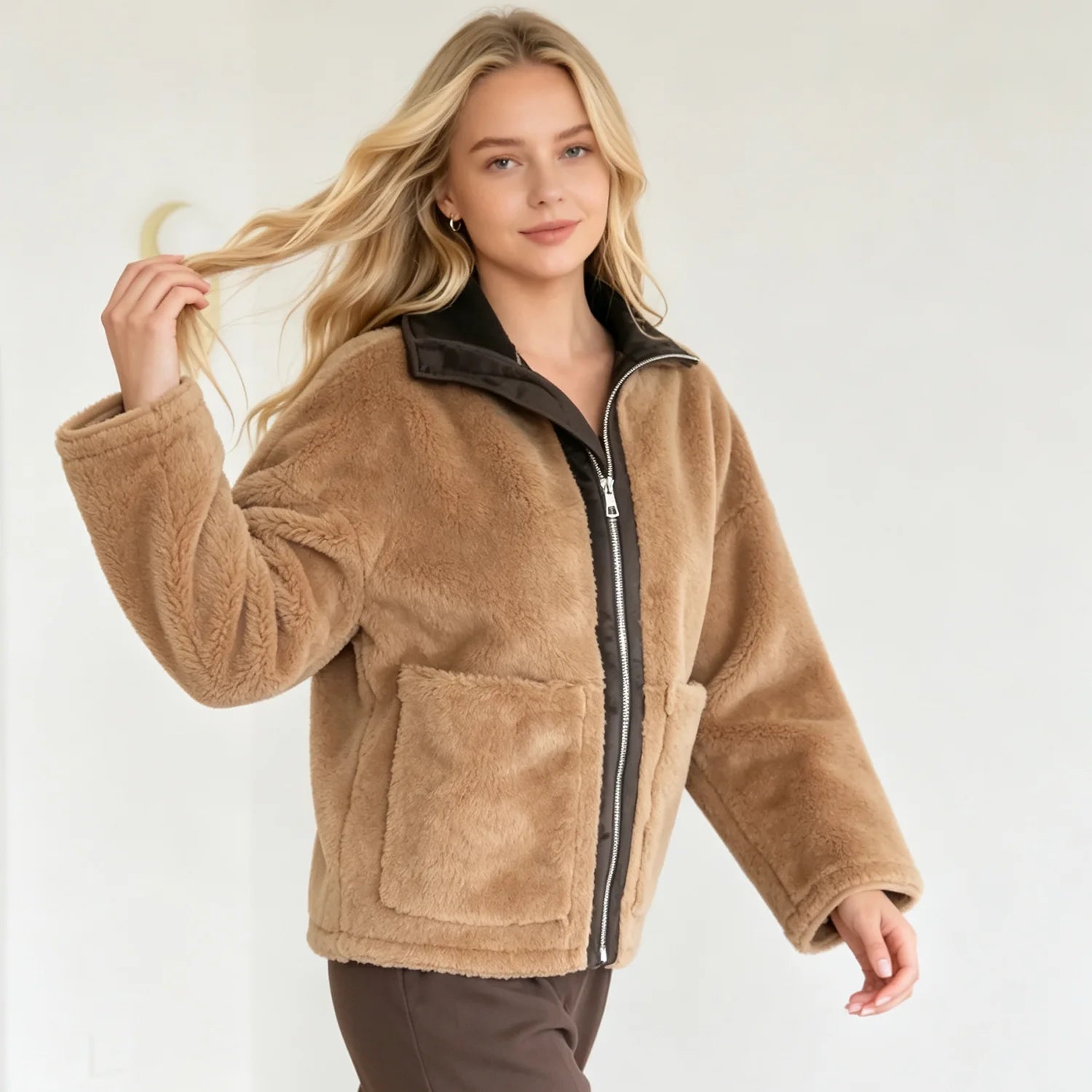 PUAL Women's Fuzzy Fleece Zip-Up Jacket with High Collar & Big Pockets