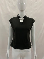 Women's Beige Chinese Style Cheongsam Blouse Vintage Mandarin Collar Short Sleeve Crop Top with Frog Button Keyhole Asymmetrical