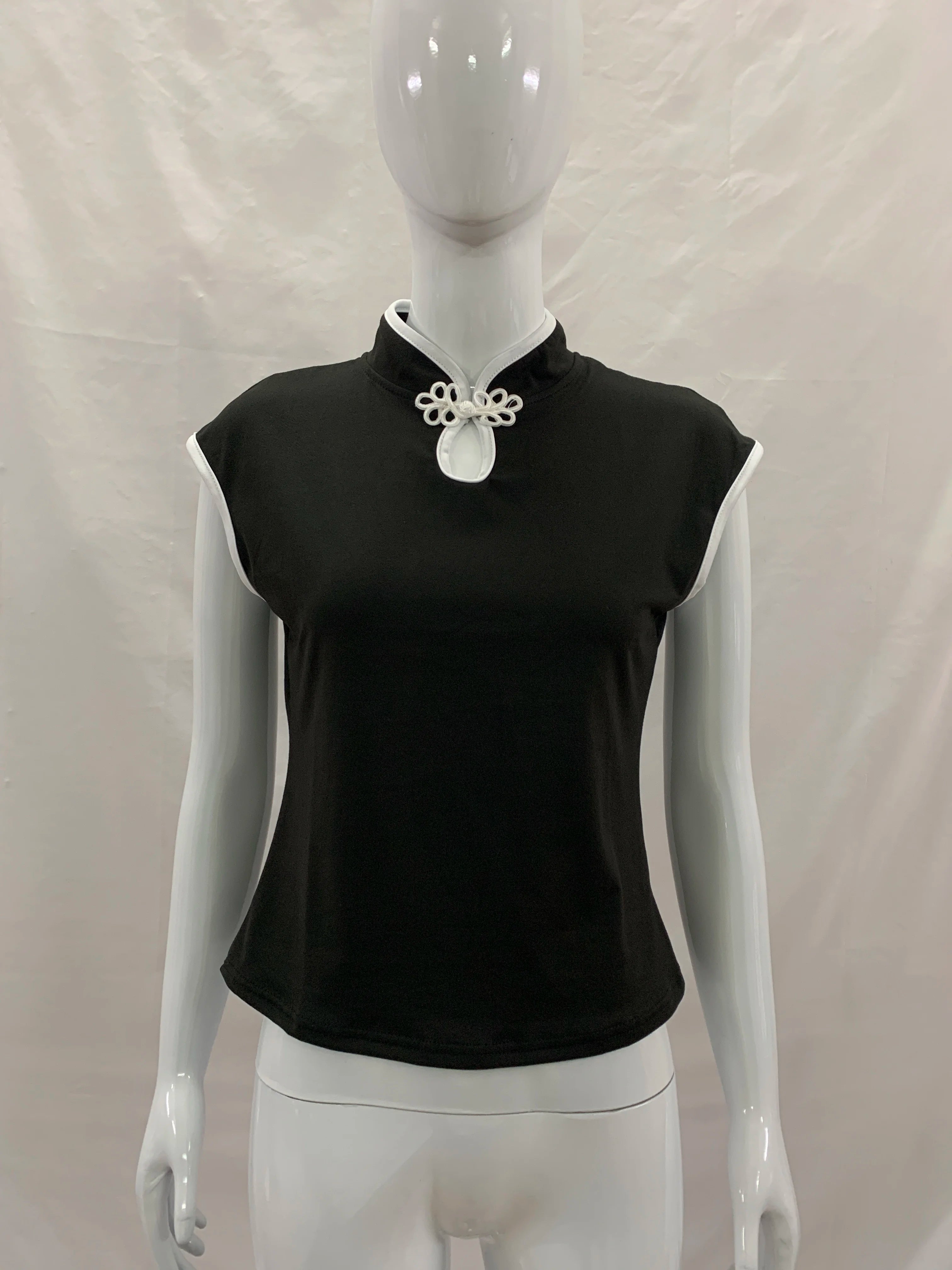 Women's Beige Chinese Style Cheongsam Blouse Vintage Mandarin Collar Short Sleeve Crop Top with Frog Button Keyhole Asymmetrical