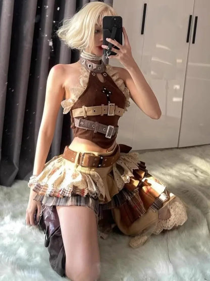 Sweet and Cool Maillard Retro Old Spice Girl Style Splicing Lace Denim Neck Top Irregular Short Skirt Two-piece Set for Women SS69