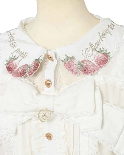 Japanese New Liz Plaid Bow Lolita Strawberry Embroidered Short Sleeve Shirt Women's Spring Summer Sweet Blouse Shirts