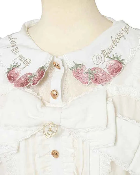 Japanese New Liz Plaid Bow Lolita Strawberry Embroidered Short Sleeve Shirt Women's Spring Summer Sweet Blouse Shirts