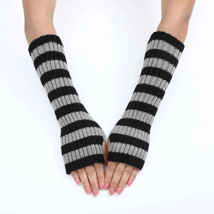 Women's Knitted Fingerless Arm Sleeves Gothic Style Striped Winter Long Arm Warmers Girls Harajuku Y2K Fashion Wrist Gloves