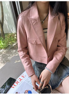 Women's Genuine Sheepskin Leather Blazer Jacket - Pink, Single Button